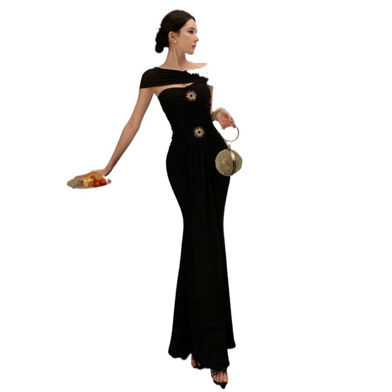 Pure Desire One-word Shoulder Tube Top Dress Long Dress Women's Summer Mesh Stitching Waist Thin Fishtail Dress