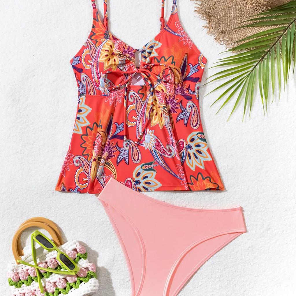 Women's Slimming Printed Tankini Set with Tummy-Covering Sling Top and Solid Triangle Bottoms