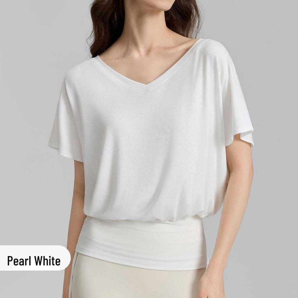 Women's V-neck Batwing Yoga T-shirt: Loose, Short Sleeve, Drawstring, Lazy Style for Spring/Summer 2026.