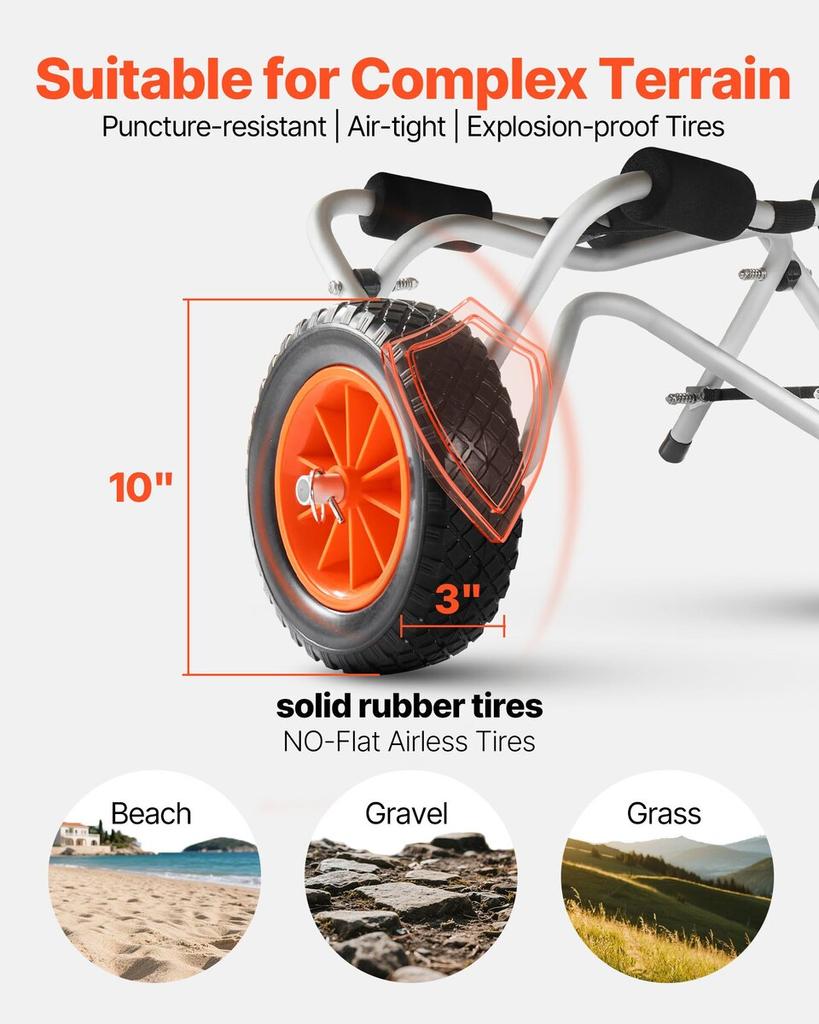 Kayak Cart, 113.4 Kg Load Capacity, Foldable Kayak Trolley with 25.4 Cm Solid Rubber Tires & 1 Ratchet Strap, Paddle Board Trolley for Carrying