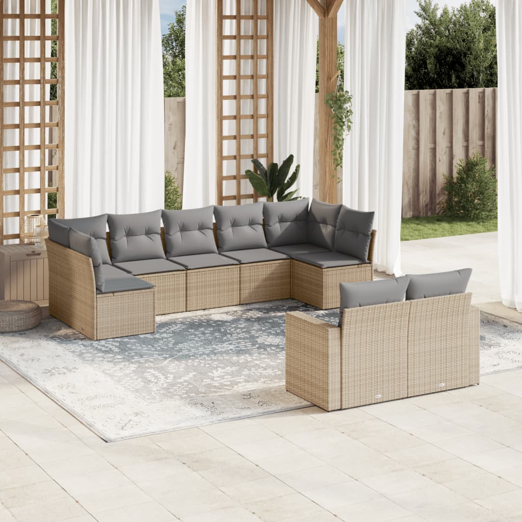 Vidaxl 9-Cz. Garden Furniture Set With Cushions, Beige, Poly Rattan