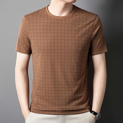 T-shirt Jacquard en Soie Glacée pour Homme, Mode Âge Moyen, Décontracté à Carreaux, Col Rond, Manches Courtes, Haut