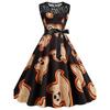 Amazon Fashion Halloween round Neck Print Lace Patchwork A- line Large Hem Mid-Length Sleeveless Vest Dress Women