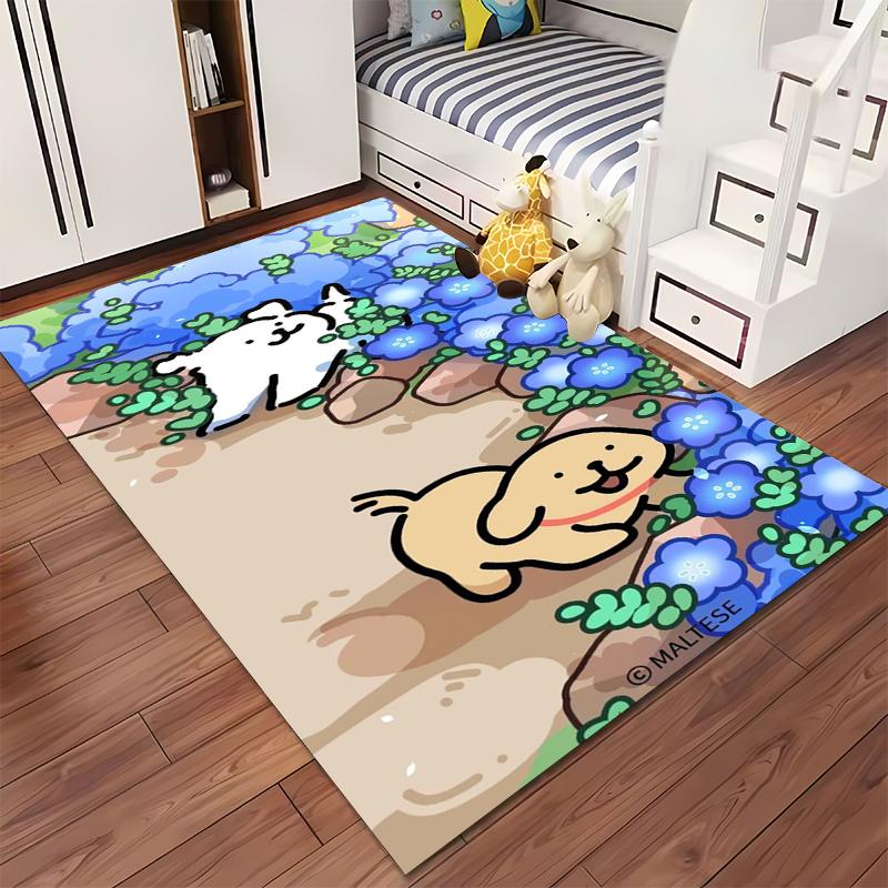Cute Maltese Dogs Cartoon Rug with Blue Flowers for Living Room Decor Suitable for Use As an Anti-slip for Living Room Bedroom Sofas