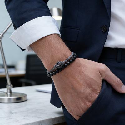 Stijlvolle 2-delige Verstelbare Koord Armband Set Mannen 6mm Mat Steen Handgemaakt Geweven Knoop Polsband Nieuwjaar Casual Koppel Armband