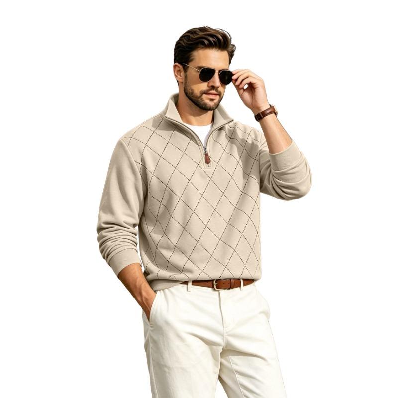Men's Half-Zip Collared Diamond Quilted Casual Sweatshirt.