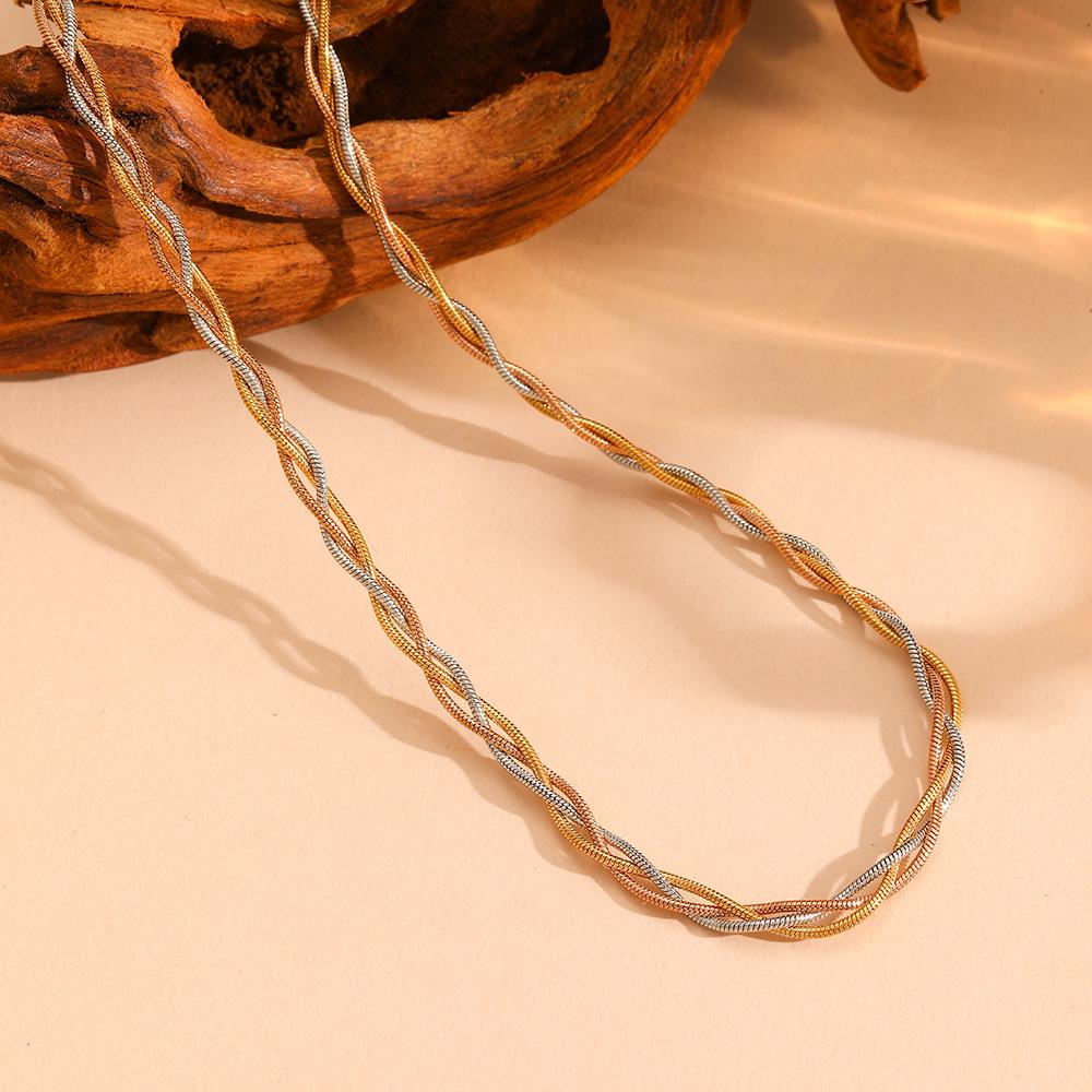 Round Snake Three-Strand Braided Color-Block Stainless Steel Jewelry Set for Women - Non-Fading, Light Luxury, European & American Style