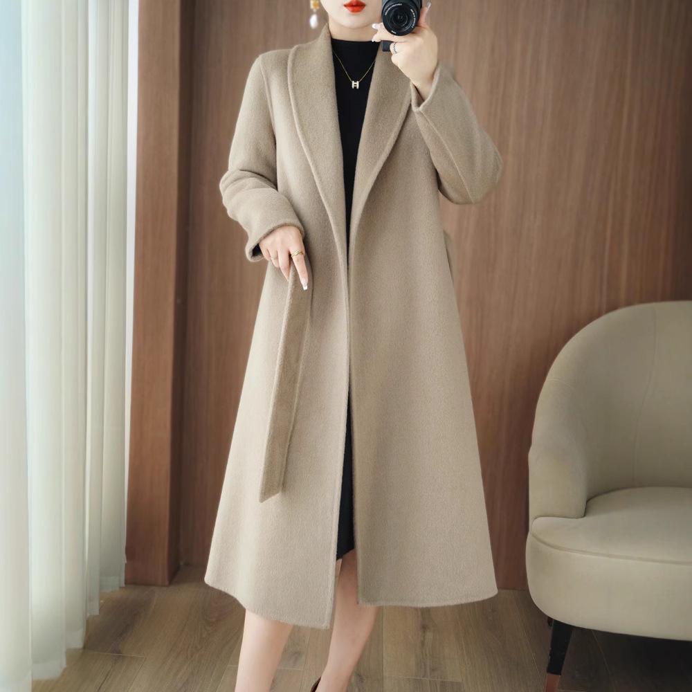 Temperament Women's Extra Long Double-Faced Wool Slim Fit Pea Coat - 100% Wool Autumn/Winter High-End Overcoat