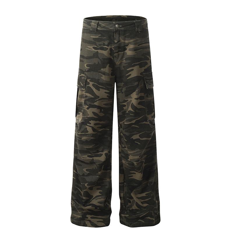 Unisex Vintage Washed Camo Wide-Leg Work Pants with Multi-Pockets