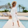 Beach Cover Ups Oversized Solid Color Open Back Beach Dress Long-sleeved Cotton Bikini Swimwears Bathing Sundress