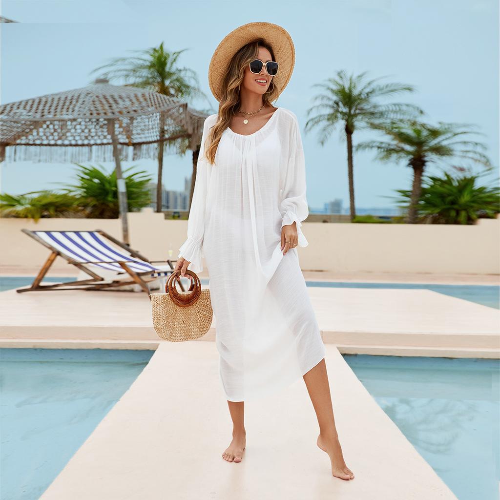 Beach Cover Ups Oversized Solid Color Open Back Beach Dress Long-sleeved Cotton Bikini Swimwears Bathing Sundress