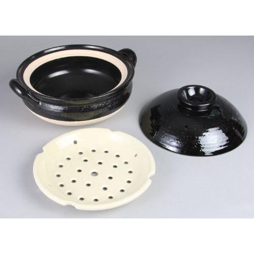 Nagatani-en Healthy Earthenware Steamer, Large, 31 cm, 3000 ml Capacity, Serves 3-5, Direct Heat Only, Black, Iga-yaki, Made in Japan, ZW-18
