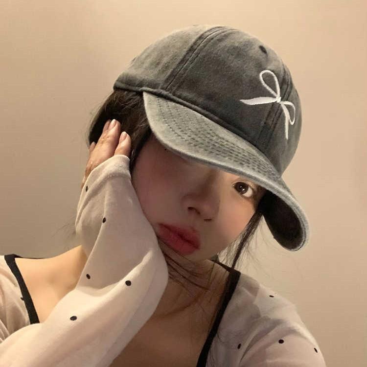 Korean-style vintage washed distressed bow baseball cap for women, new summer hat, gray American-style duckbill cap