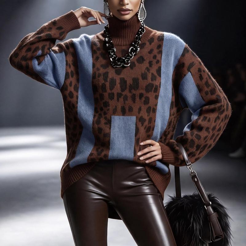 TIFICY Women's Fashion Casual Fall Winter Leopard Print Long Sleeve High Neck Sweaters