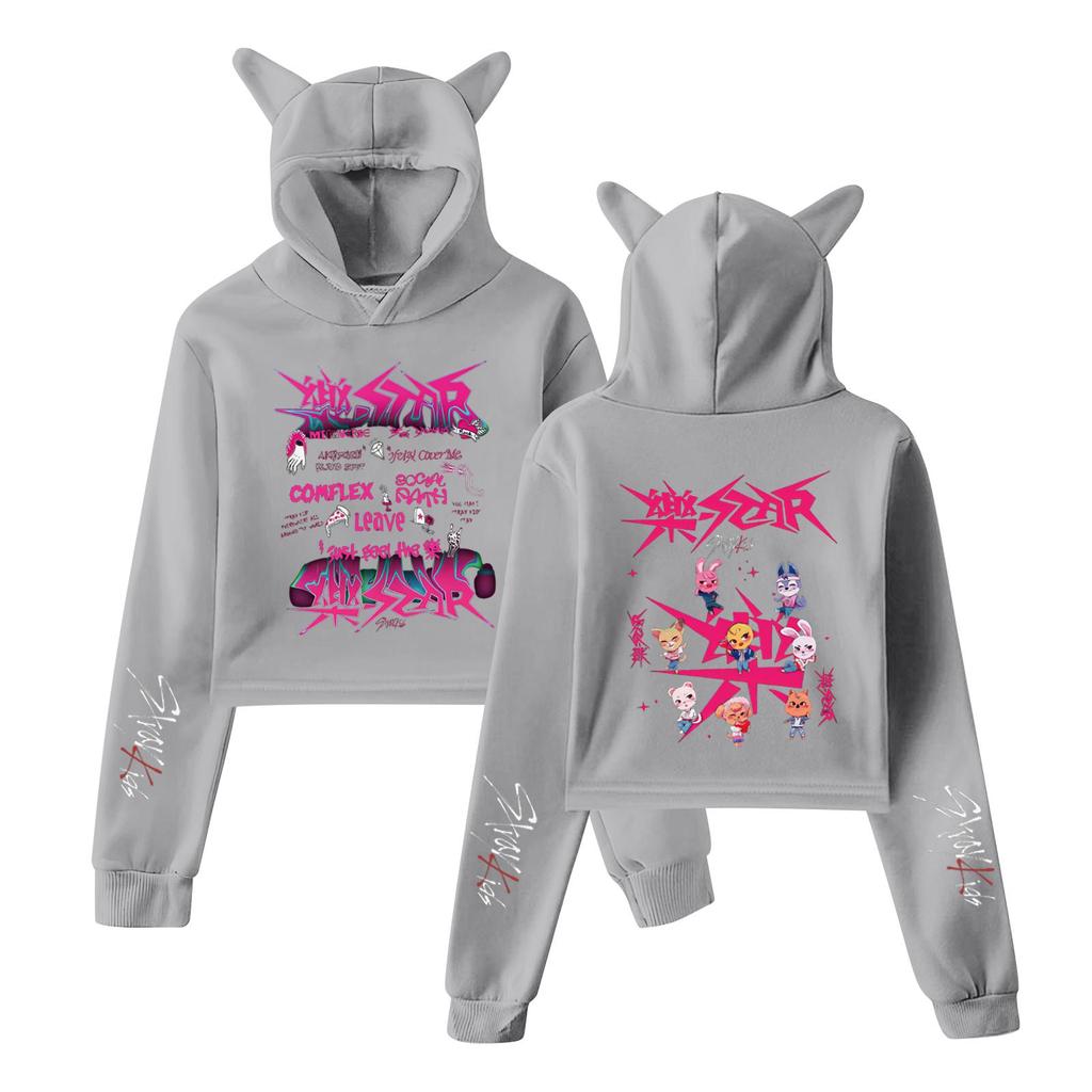 Stilvolles Damen-Kapuzenpullover-Sweatshirt mit Stray Kids-Aufdruck, trendiges langärmeliges Oberteil.