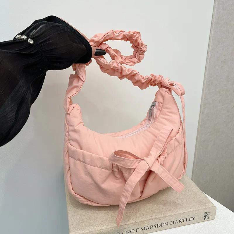 Casual Bowknot Women's Small Shoulder Bags Pleated Solid Color Ladies Underarm Bag Handbags Portable Female Crossbody Bag