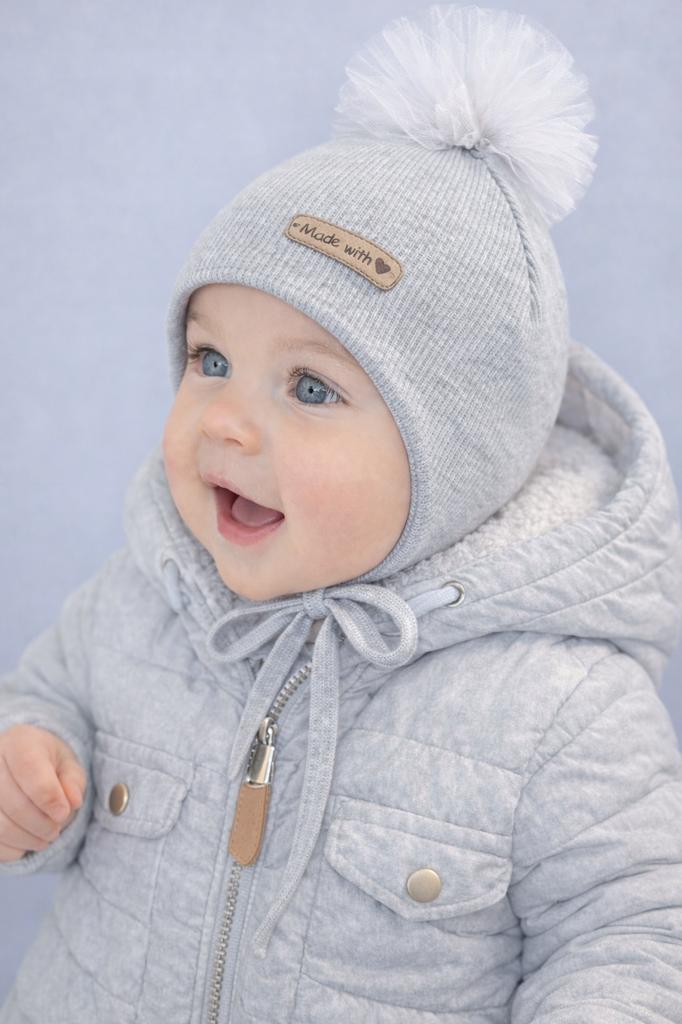 Baby Hat 36-38 Tied 2-Layered With Pompom Spring Autumn Gray