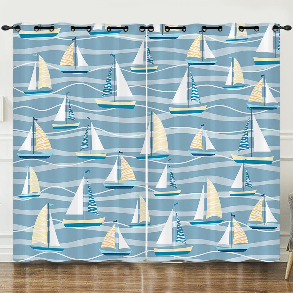 Curtains Cartoon Sailing Digital Printing Blackout Curtains Bedroom No Punching