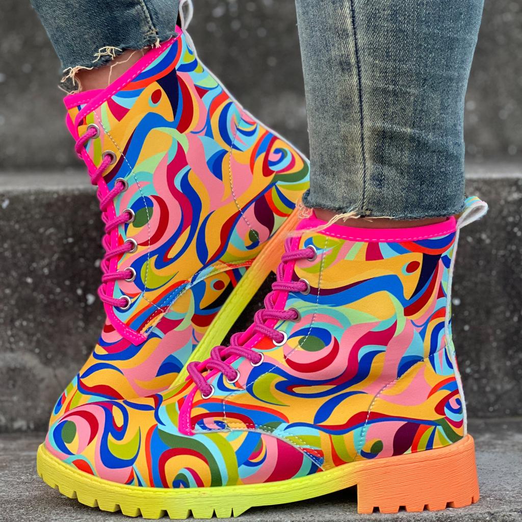 Dámské abstraktní barevné boty na masivním podpatku, Módní kotníkové boty se šněrováním, Pohodlné kotníkové boty