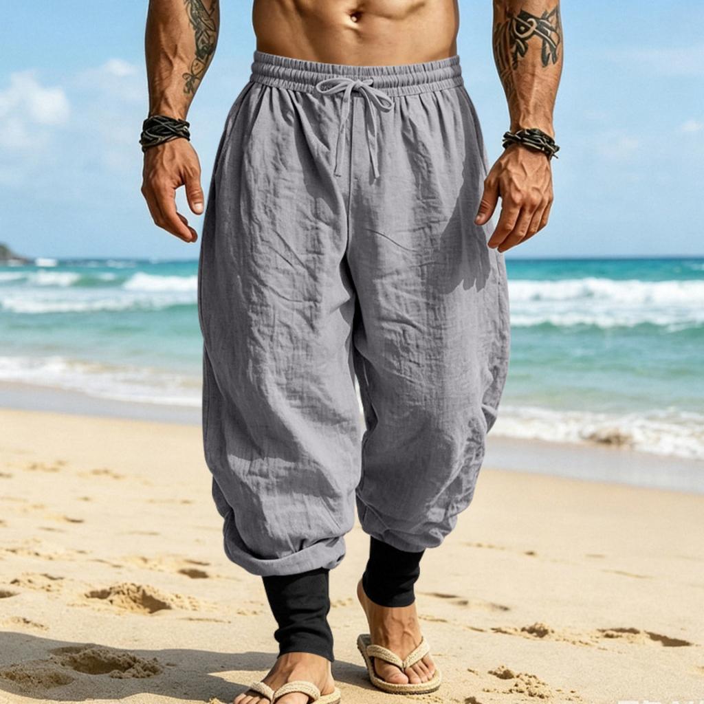 Men Linen Jogger Pants Loose Fit Drawstring Waist Breathable Tapered Leg Cuffed Hem Casual Beach Holiday Trousers