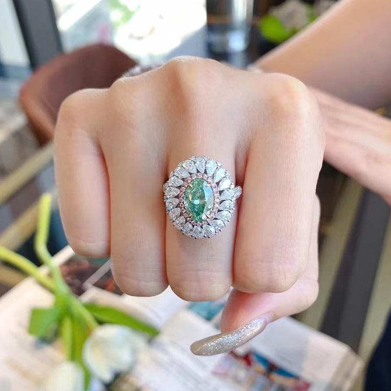 Lulu Tong 2 Carat Oval Green Diamond s925 Silver Ring, Natural Diamond, Elegant European & American Style.