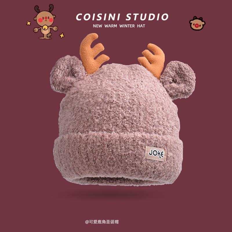 

9873 Зимняя Рождественская шапка из вязаной шерсти с рогами, универсальная шапка, женская, милая, теплая, пуловер, трендовая кофейный