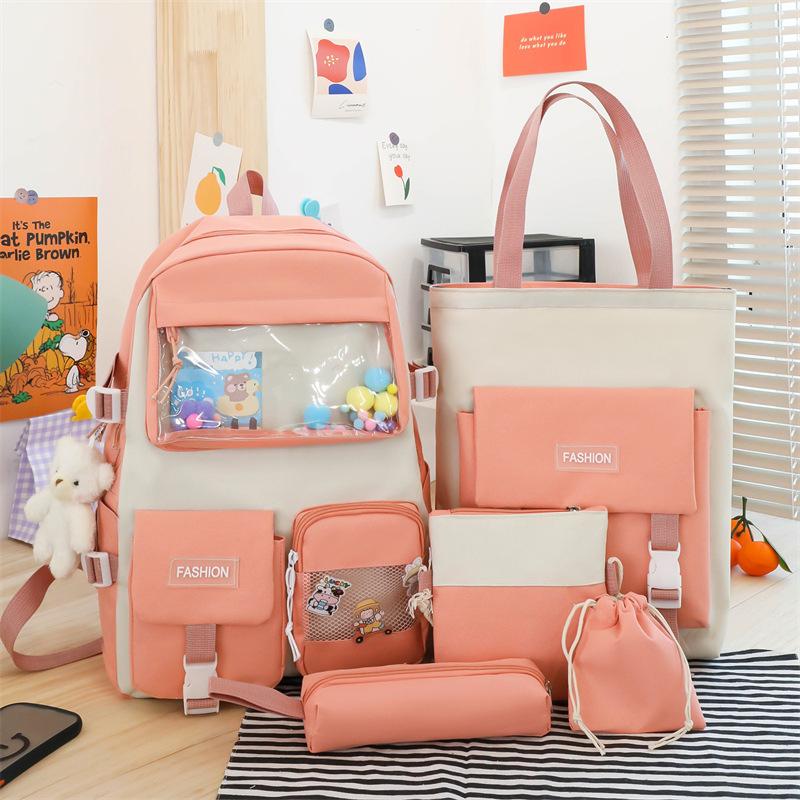 School Bag New Large-capacity Student School Bag Four-piece Canvas Backpack Campus Middle School Student Lightweight Backpack