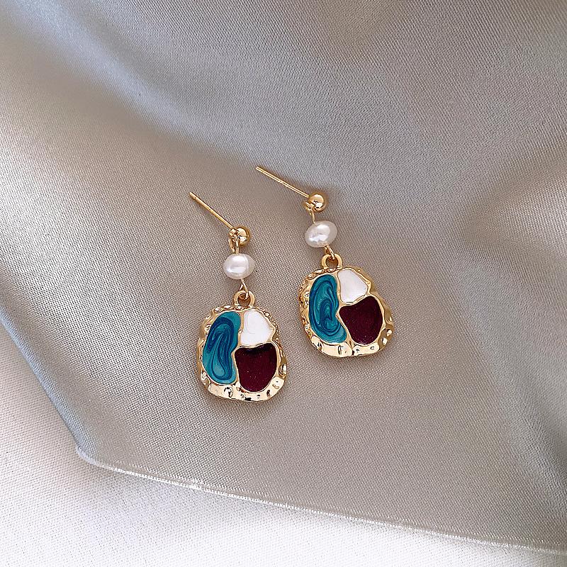 Needle Color Matching Irregular Oil Stud Earrings Fashion French Literary Style Ear Jewelry Baroque Freshwater Earrings