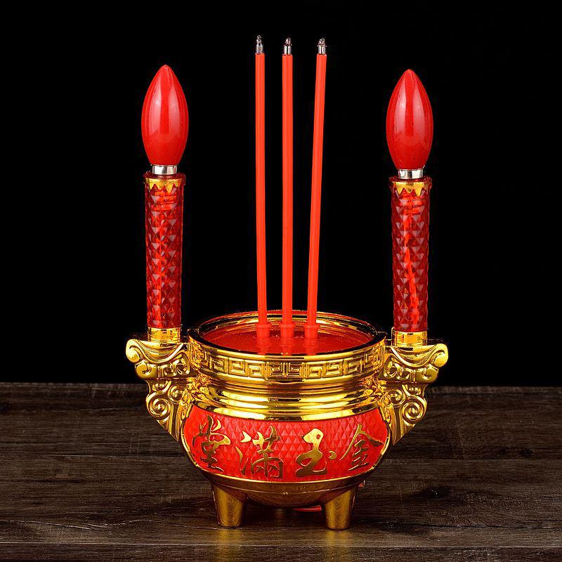 Buddha Offering Electric Candelabra: Complete Set with Incense Burner and Everlasting Lamp for Home Use