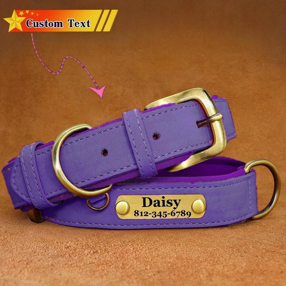 Customized ID Nameplate Dog Collar PU Leather Soft Padded Dog Collars Free Engraving Name for Small Medium Large Dogs Adjustable