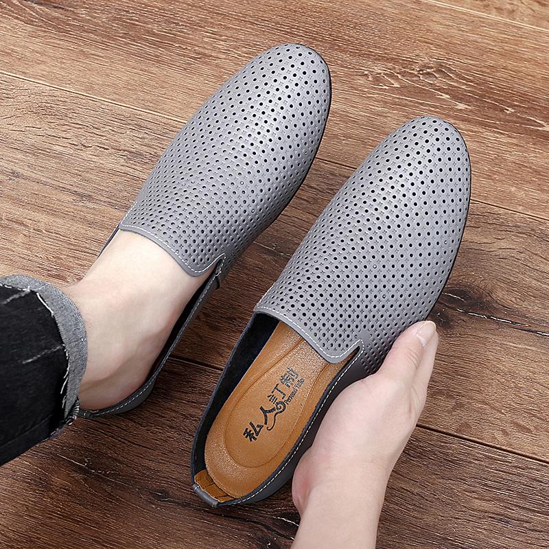 Leather Men Loafers Summer Lightweight Half Shoes For Men Outdoor Handmade Designer Mules Moccasins Beach Slippers Plus Size 45