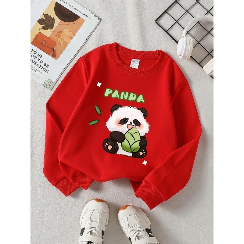 European Sizes Kids' Round-Neck Hoodie | Panda Eating Bamboo Rayon Leaf, Green Background,  , Sportswear and Casual Wear