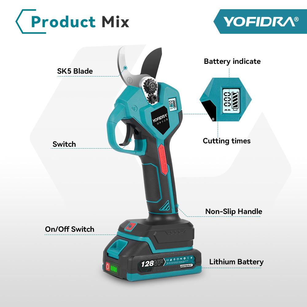 YOFIDRA 38mm Brushless Electric Pruning Shears High Power  2 Gears Pruner Garden Tree Branch Cutter Scissors Tool For Makita 18V-21V Battery