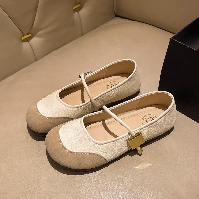 

Fashion flat-soled single shoes women s spring new one-word gentle Mary Jane shoes 40 бежевый