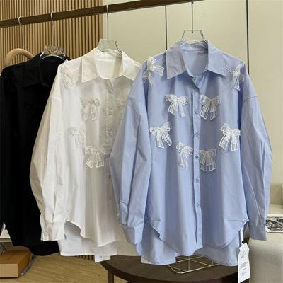 Chemises à nœud en dentelle 3D pour femmes, couleur unie, col rabattu, manches longues, hauts de printemps, blouses décontractées amples à simple boutonnage