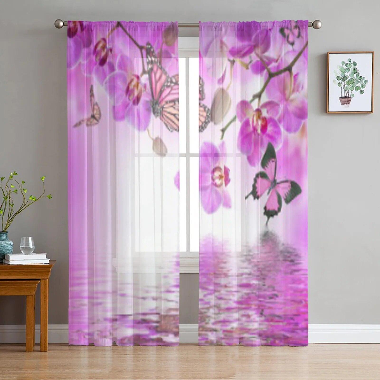 

Фіолетова квітка орхідеї Тюль Прозорі віконні штори для вітальні спальні Сучасні шифонові вуалеві штори Тканинні штори 135W x 114H(cm)