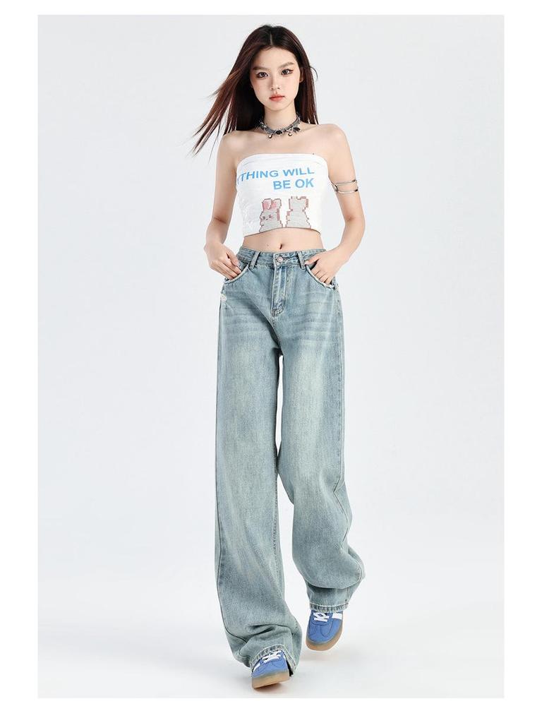 2025 Spring/Summer Women's High Waist Straight Leg Light Wash Non-Elastic Jeans - Slimming Bodycon Drapey Trendy Long Pants