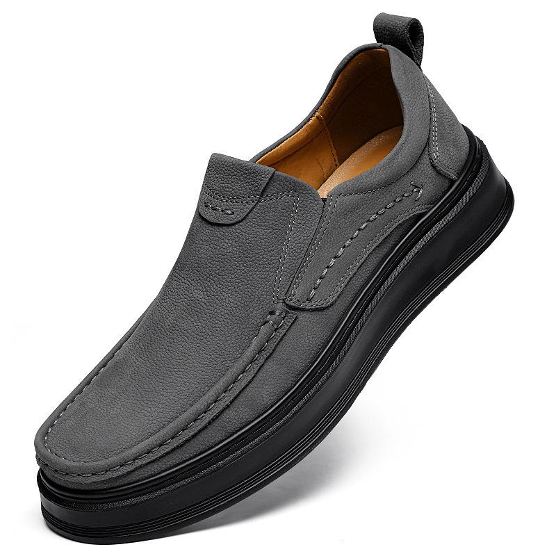 Sewing Thread Soft-soled Cowhide Surface Men's Casual Leather Shoes, Flanged Thick-soled Foot Cover Low Tube Black Middle-aged Lazy Shoes