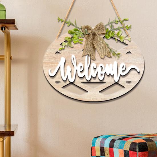 Welcome Wreath, Wood with Hemp Rope Hanger, Fabric Bow Decor Rustic Round Sign, for Doors Walls Entryway