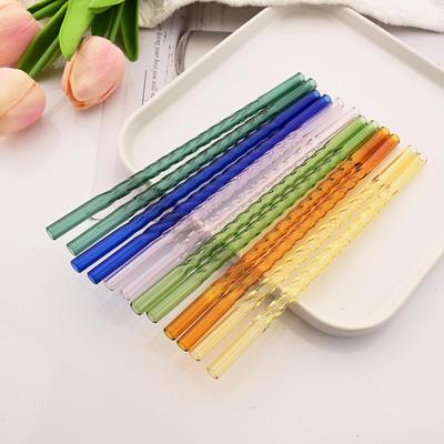 15 PCS Reusable Glass Straws, 8 Inch X 0.3" Thread Pattern Design Colored Drinking Straws, Include 12 Straight Straws, 2 Cleaning Brushes, 1 Bag