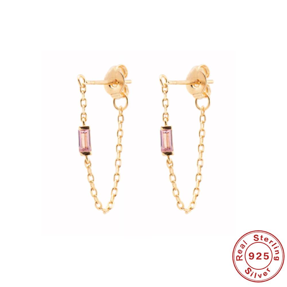 Suivez la tendance S925 Argent Sterling Chaîne simple Chaîne Boucles d'oreilles puces Zircon carré fin Écouteurs fins