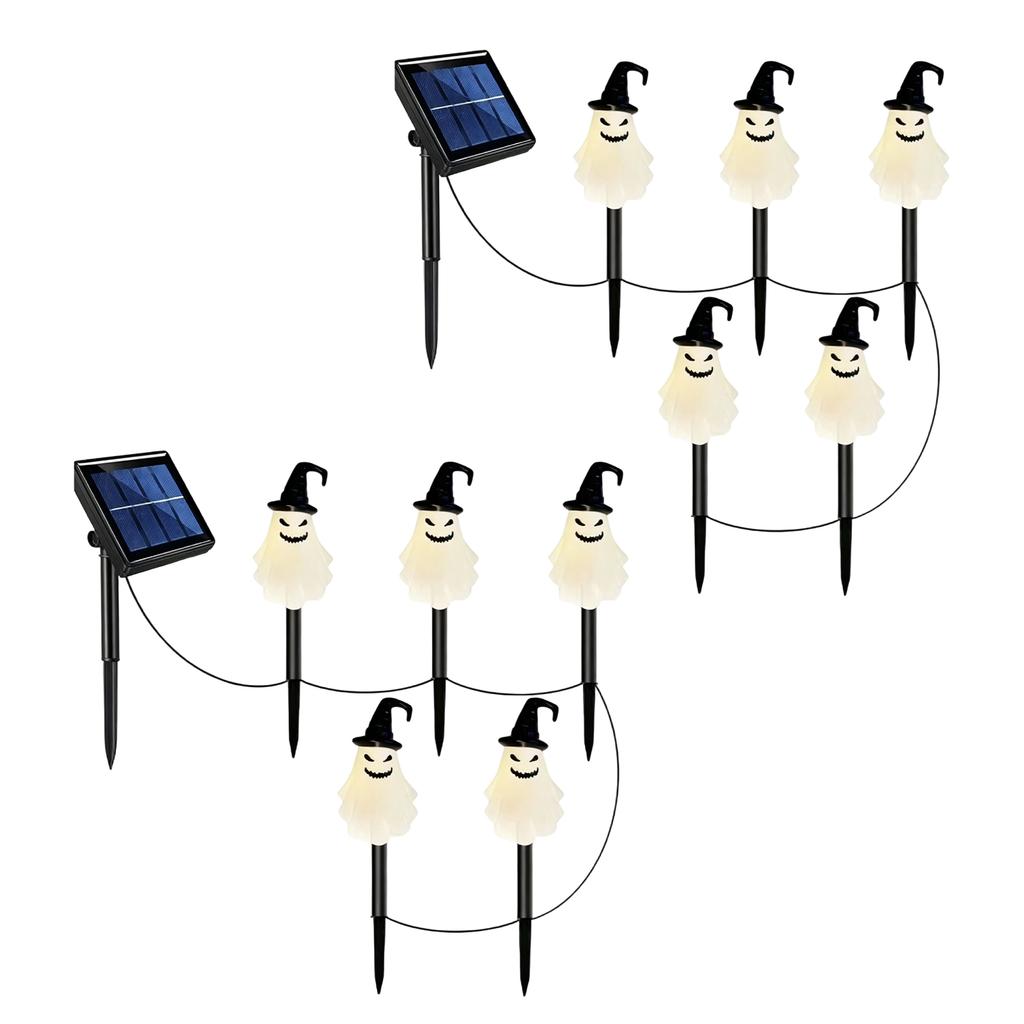 2pcs Halloween Solar Powered Ground Stake Lights Outdoor Decorative Ghost Shape Garden Pathway Lighting with Solar Panel and Stakes