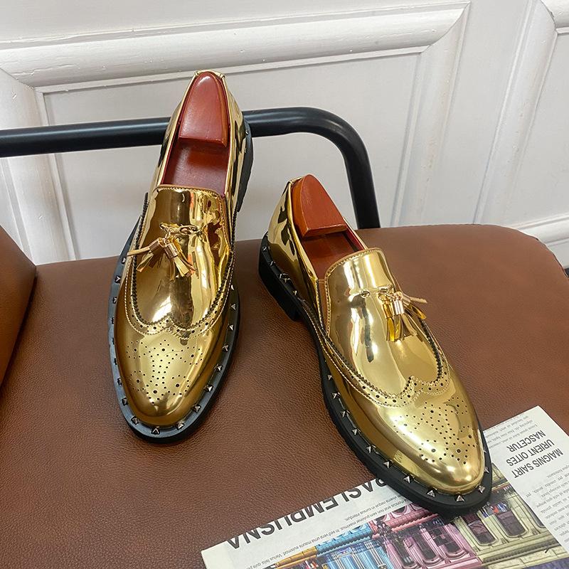 Leather shoes men's 2025 spring and autumn new British casual shoes business dress sequined fringed pointed head pedal men's leather shoes