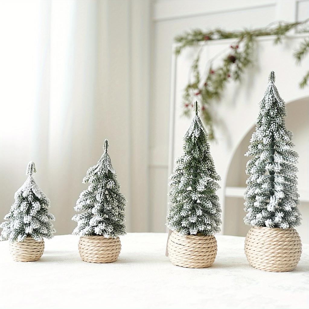 4pcs Set of Artificial Mini Christmas Tree,  Hemp Rope Bottom Basin Christmas Tree, Suitable for Home Desktop Decoration At Christmas