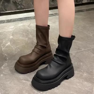 Thick Sole Stacked Boots for Women Fashion Brown Black Short Long Boots Wrinkled Leather Platform Botines Chelsea Shoes