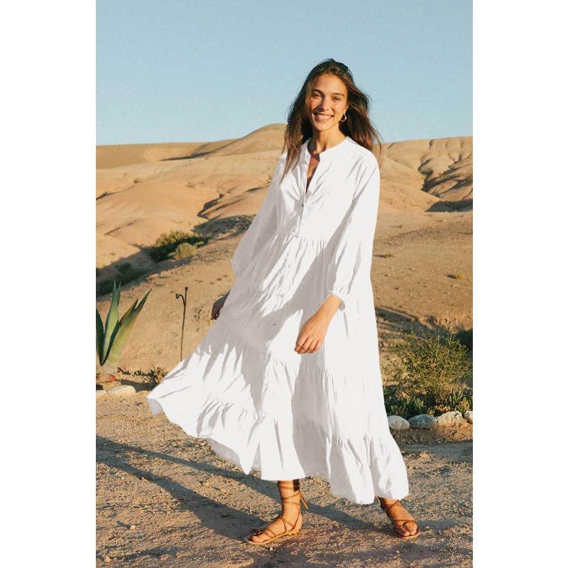 Women's Fashion Spring Fall Solid Color Print Long Sleeve V-Neck Loose Waistline Casual Dresses