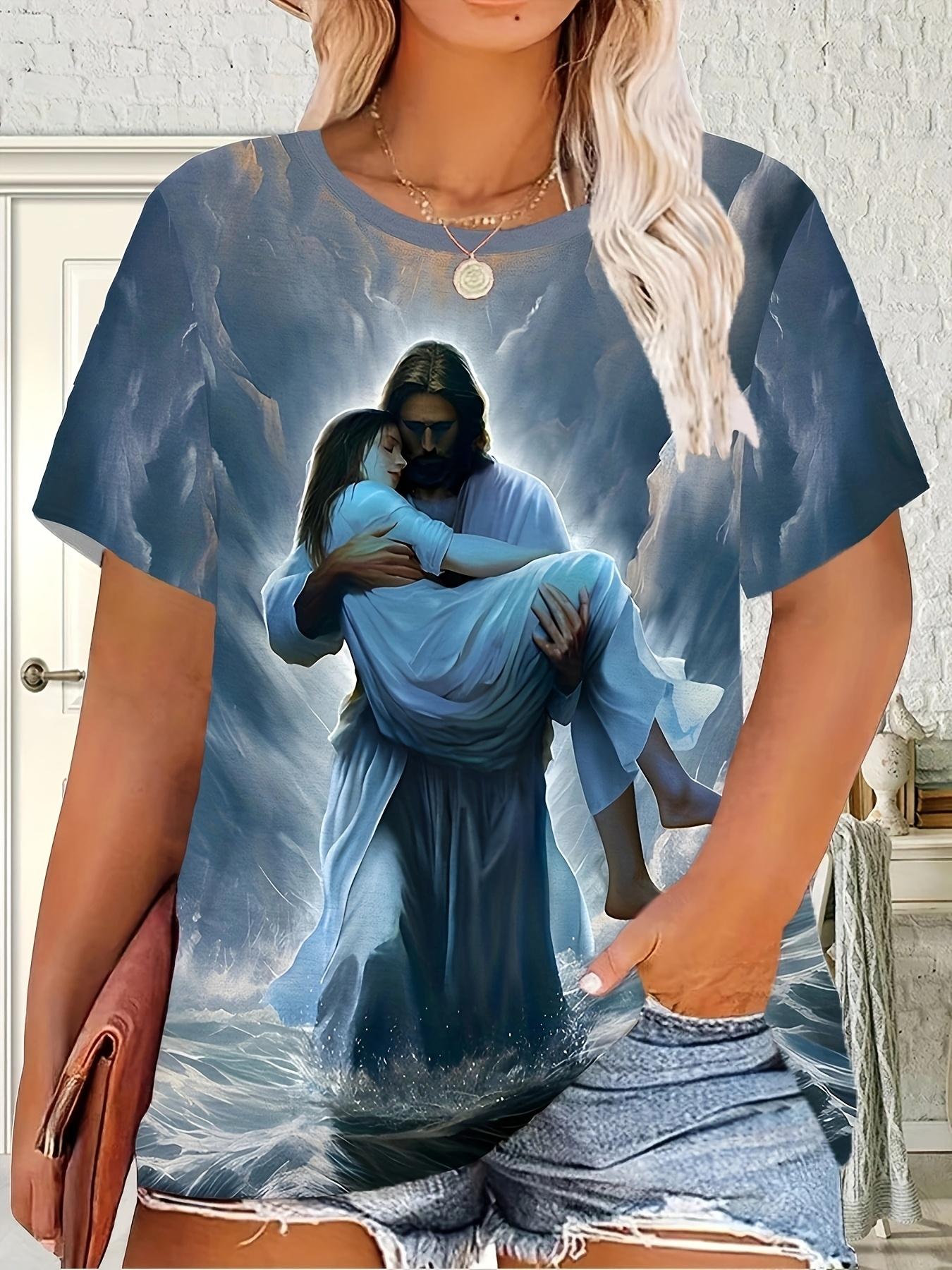 

[3D Print T-Shirt] Comfortable Women s 3D Print Graphic T-Shirt Large Size. Short Sleeve. Round Neck. Polyester Blend. Elegant Design with Jesus and 2XL дубильная кора