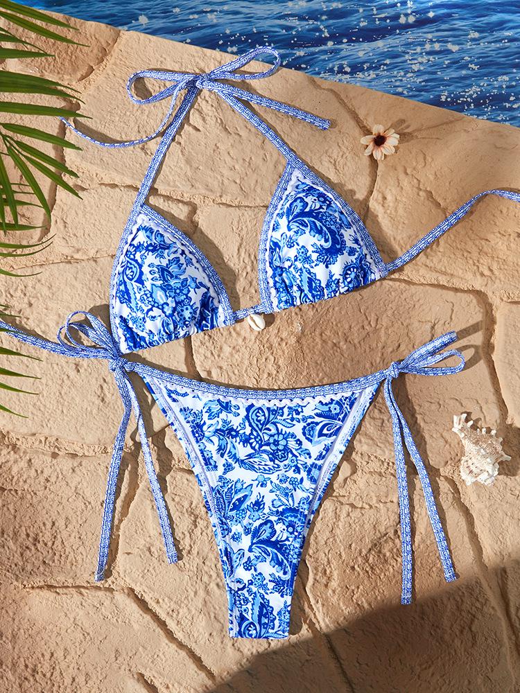 

European & American Blue & White Porcelain Print Bikini - Lace-up, Sexy, Split Swimsuit for Women L