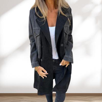 Women Spring Fall Coat Denim Jacket Overcoat Patchwork Double-breasted with Flap Pockets