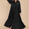 Women's Casual Button-Lapel Solid Color Pleated Long Sleeve Maxi Dress 2026